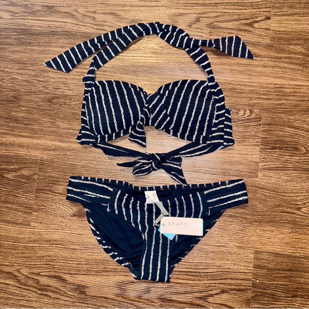 Seafolly Australia Halter Bikini Top & Bottom Set Nautical Striped US size 10